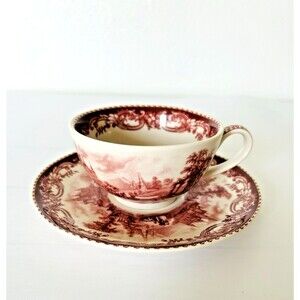 Vintage Red Transferware Cup & Saucer Victorian Ironstone Cranberry Toile Set 6